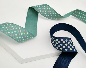 Polka Dot Ribbon, Blue, Green Spotted Ribbon, Heavy Fabric Ribbon for Gift Wrapping, Dressmaking Ribbon, Premium Ribbon.