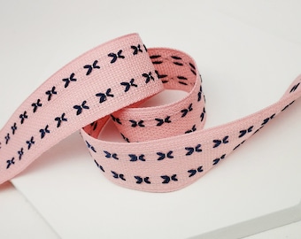 Pink and Navy Ribbon, Ribbon with Crosstitch Detail, Heavy Cotton Ribbon, Ribbon for Gift Wrapping, Luxury Gift Wrapping