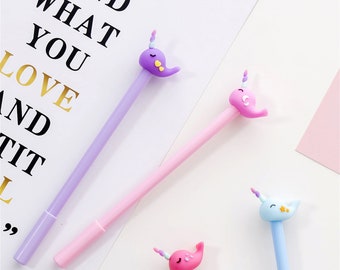 2 x Narwhal Whale Pen, Novelty Gel Pen, Cute Unicorn Whale Pen, Back to School Stationery