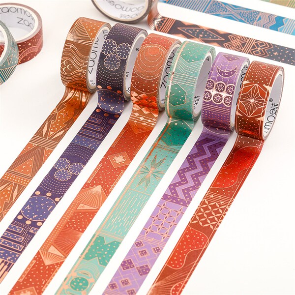 Art Deco Inspired Geometric Washi Tape Collection with Gold Foil Detailing on Richly Coloured Backgrounds 15mm x 3m