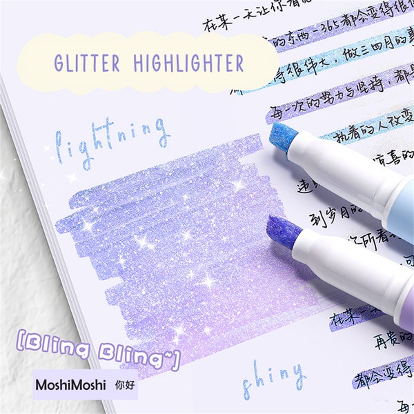 Glitter Highlighter Marker Pens, Set of 6, Sparkle Marker Set, Quick Dry, Journal Pen Set, Novelty Stationery Gift