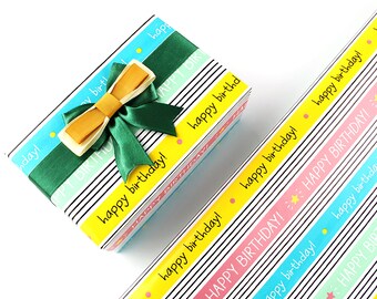 Colourful Birthday Wrapping Paper Sheet, Happy Birthday Wrapping Paper, Rainbow Striped Birthday Gift Wrap, 50cm x 70cm