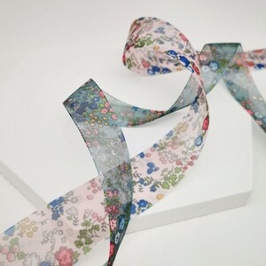 Floral  Ribbon, Gauze Ribbon in Pink, Blue Floral Pattern, Ribbon for Gift Wrapping, Dressmaking Ribbon, Premium Ribbon.