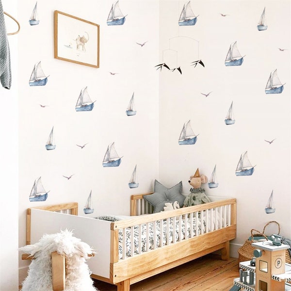 Stickers muraux voiliers, sticker pour chambre de garçons sur le thème nautique, Stickers muraux chambre de bébé et chambre d'enfant, 40 stickers