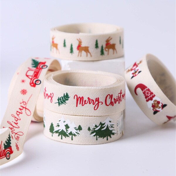 Christmas Scene Ribbon, Cotton Canvas, Reindeer Festive Ribbon, 16mm Width