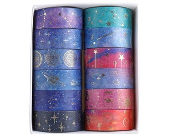 Cosmos Washi Tape-Set mit 12 Stück – Goldfolie – himmlische Designs – Galaxy Journaling – Scrapbooking Essentials