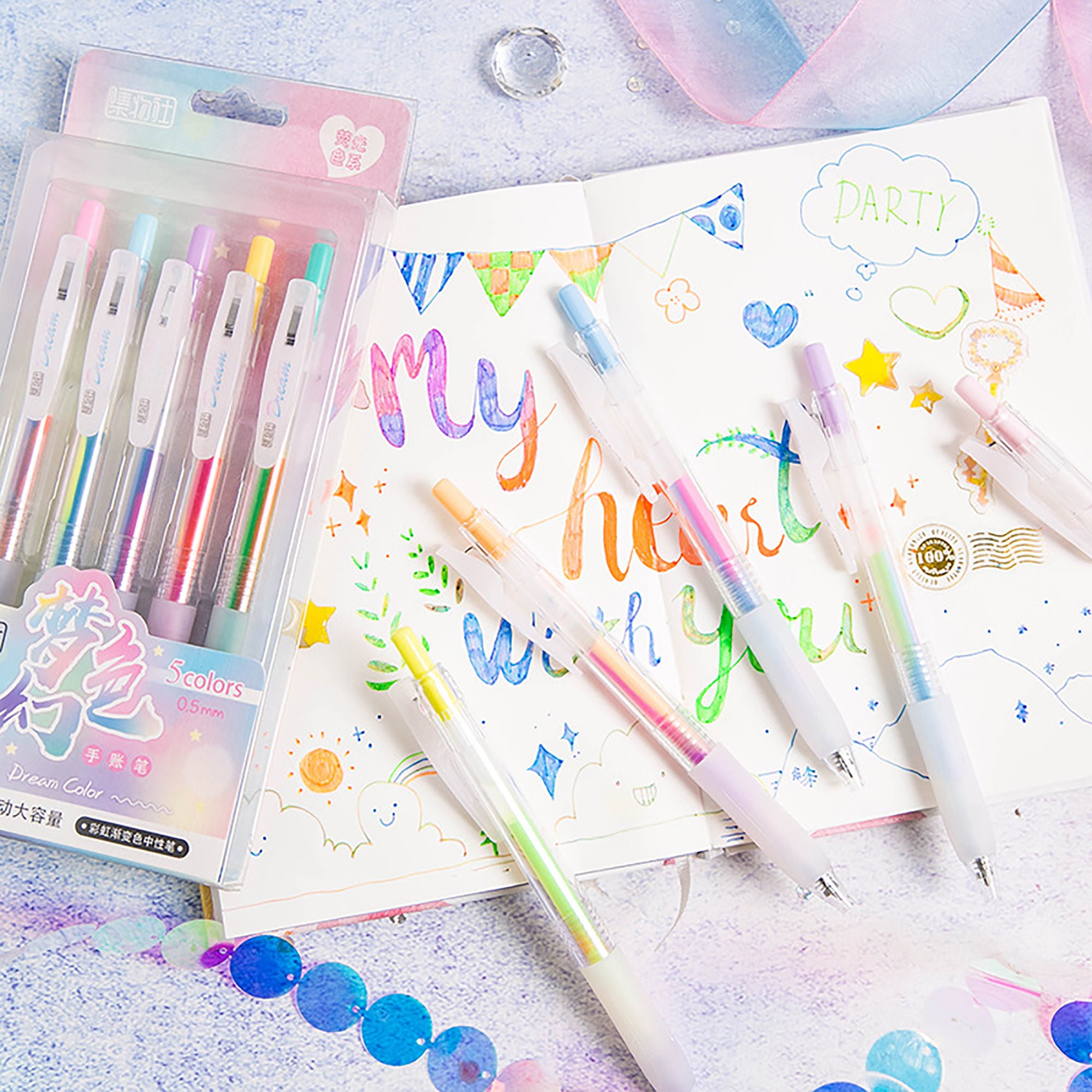 Rainbow Gel Pens 10pc Set Cute Planner Pens W/ Decorative Prints Kawaii  Pens Planner Supplies Colorful Gel Pens Color Coding Pens 