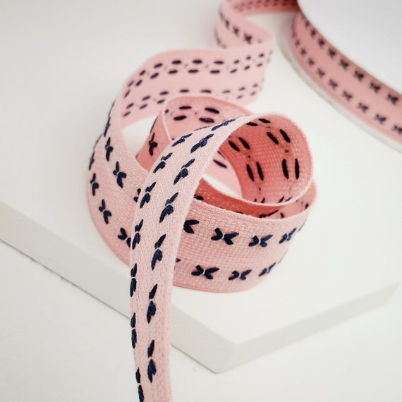 Pink and Navy Ribbon, Ribbon With Crosstitch Detail, Heavy Cotton Ribbon,  Ribbon for Gift Wrapping, Luxury Gift Wrapping 