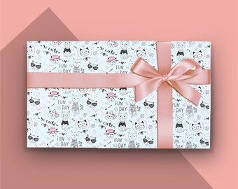 Funky Cat Wrapping Paper Sheet, Kawaii Cat Gift Wrap, 70cm x 50cm, Premium Gift Wrapping for Birthdays