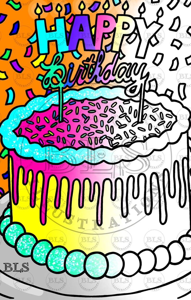 Birthday Cake Printable Coloring Page Adult Coloring Sheet Digital