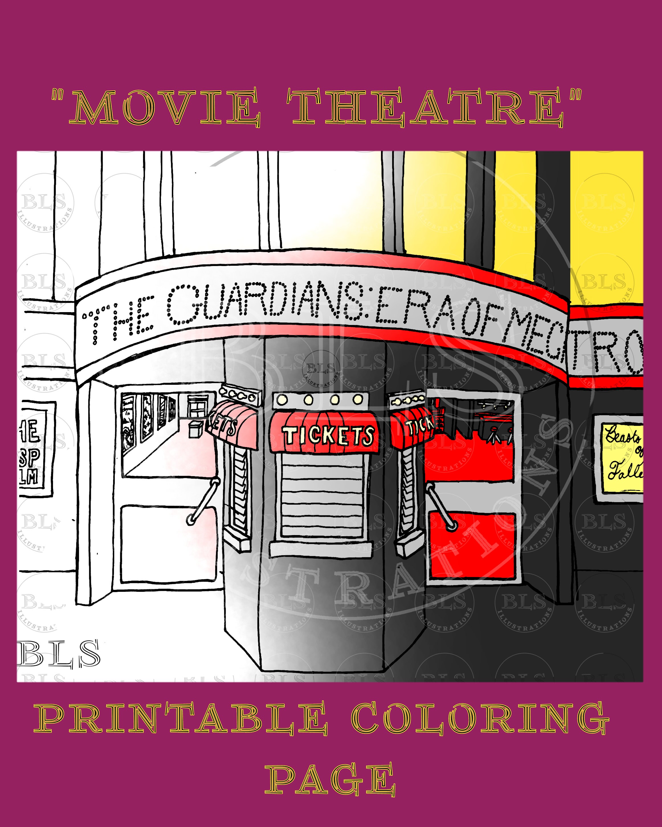 Movie Theatre Printable Coloring Page Original Hand Drawn - Etsy