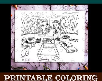 Adult Coloring Page-Drive In Theatre Printable Coloring-Coloring Page-Line Art-Cartoon Illustration-Hand Drawn Original Artwork