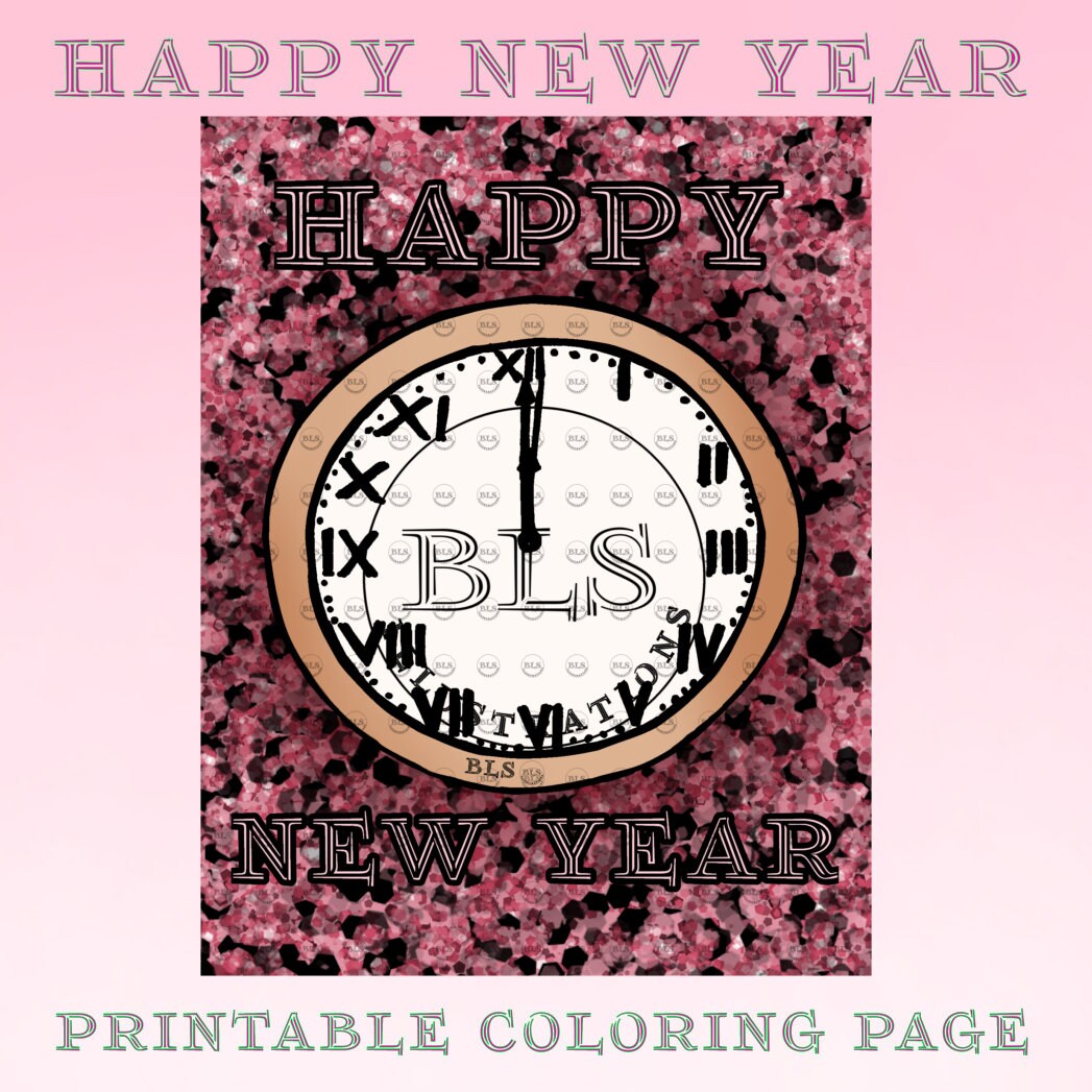 Happy New Year Printable Coloring Page Digital Download PNG File Adult ...