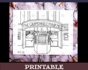 Adult Coloring Page-Movie Theatre Printable Coloring-Coloring Page-Line Art-Cartoon Illustration-Hand Drawn Original Artwork-Indoor Activity