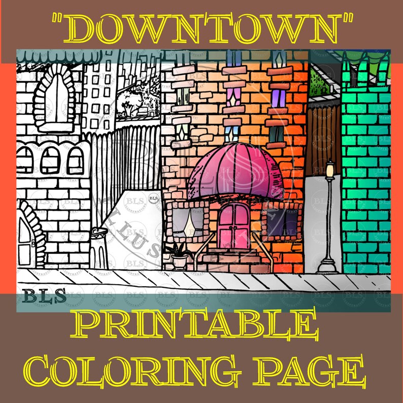 Downtown Printable Coloring Page for Kids and Adults Cityscape Drawing ...