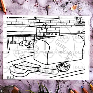 Homemade Bread Coloring Page for Adults-Cozy Kawaii Printable Sheet-Stress Relief, Mindfulness & Relaxation Line Art-Digital Download PNG