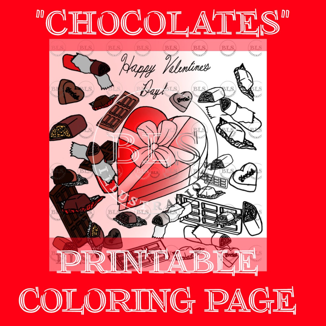 Chocolates Printable Coloring Page Digital Download Valentine's Day ...