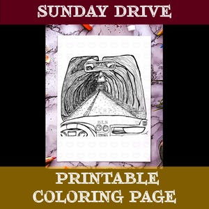 Volwassen kleurplaat-Sunday Drive afdrukbare kleurplaat-kleurplaat-Line Art-Handgetekende originele kunstwerken-Cartoon afbeelding-Indoor activiteit