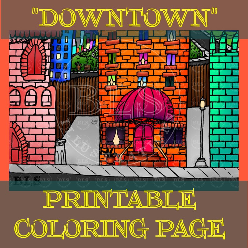 Downtown Printable Coloring Page for Kids and Adults Cityscape Drawing ...
