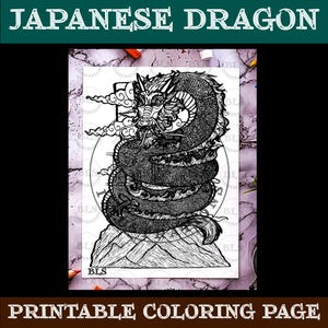 Adult Coloring Page-Japanese Dragon Printable Coloring-Coloring Page-Line Art-Cartoon Illustration-Hand Drawn Original Artwork