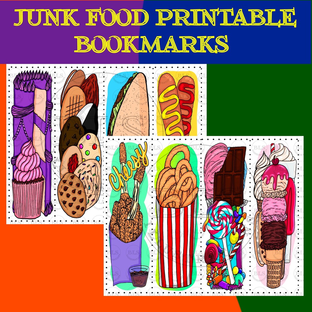 Junk Food Bookmarks-printable Bookmarks Bundle-virtual Bookmarks Set ...