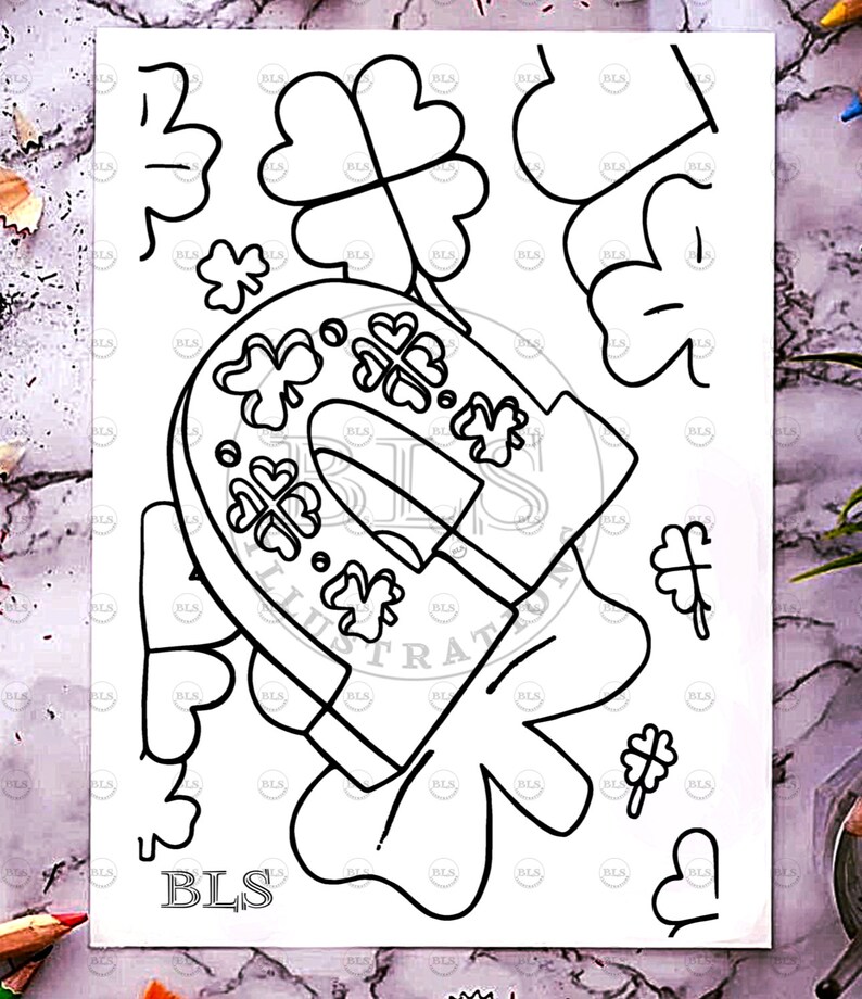 Shamrock Horseshoe Printable Coloring Page Digital Download St Patrick ...