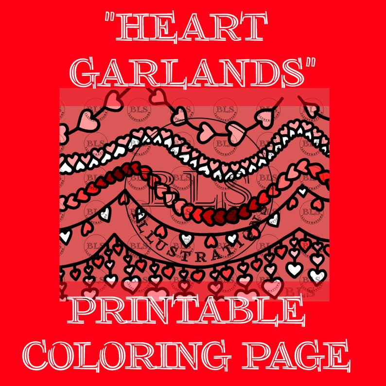Heart Garlands Printable Coloring Page Digital Download Valentine's Day ...