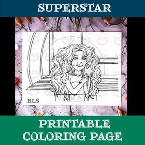 Adult Coloring Page-Superstar Printable Coloring-Coloring Page-Line Art-Cartoon Illustration-Hand Drawn Original Artwork-Indoor Activity