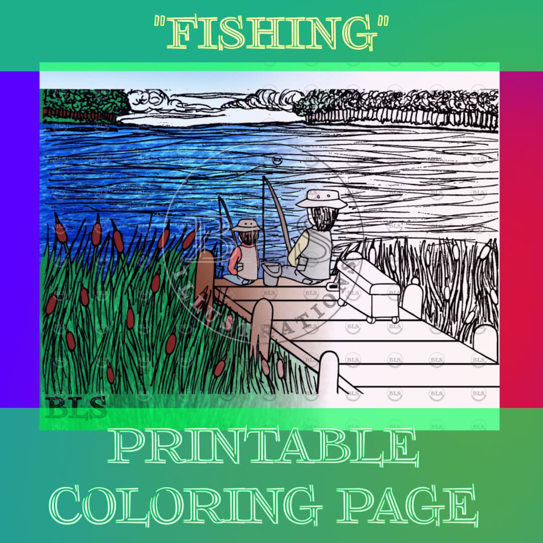 Printable Coloring Page Fishing Digital Download Adult Coloring Sheet ...