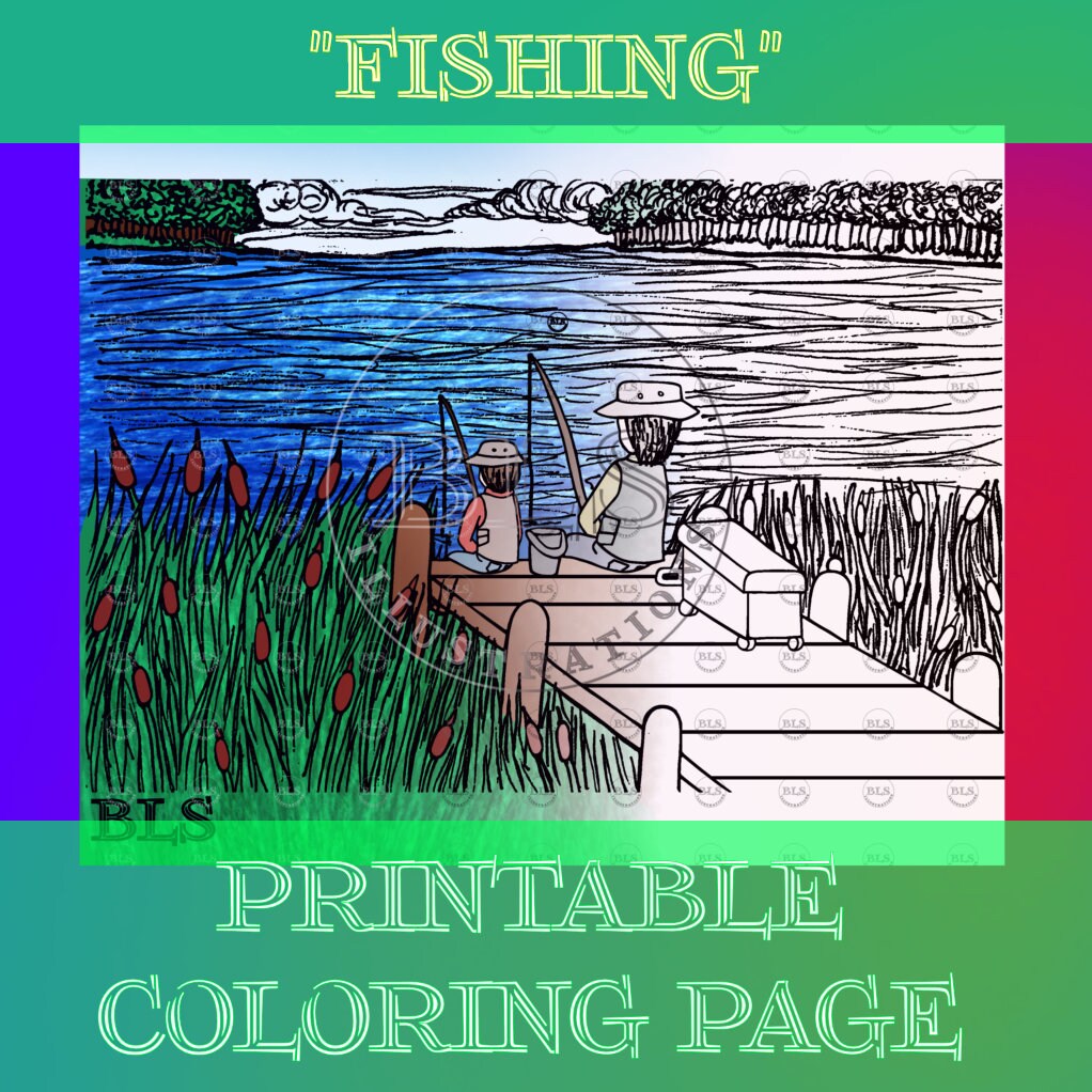 Fishing Printable Coloring Page for Kids and Adults Therapeutic ...