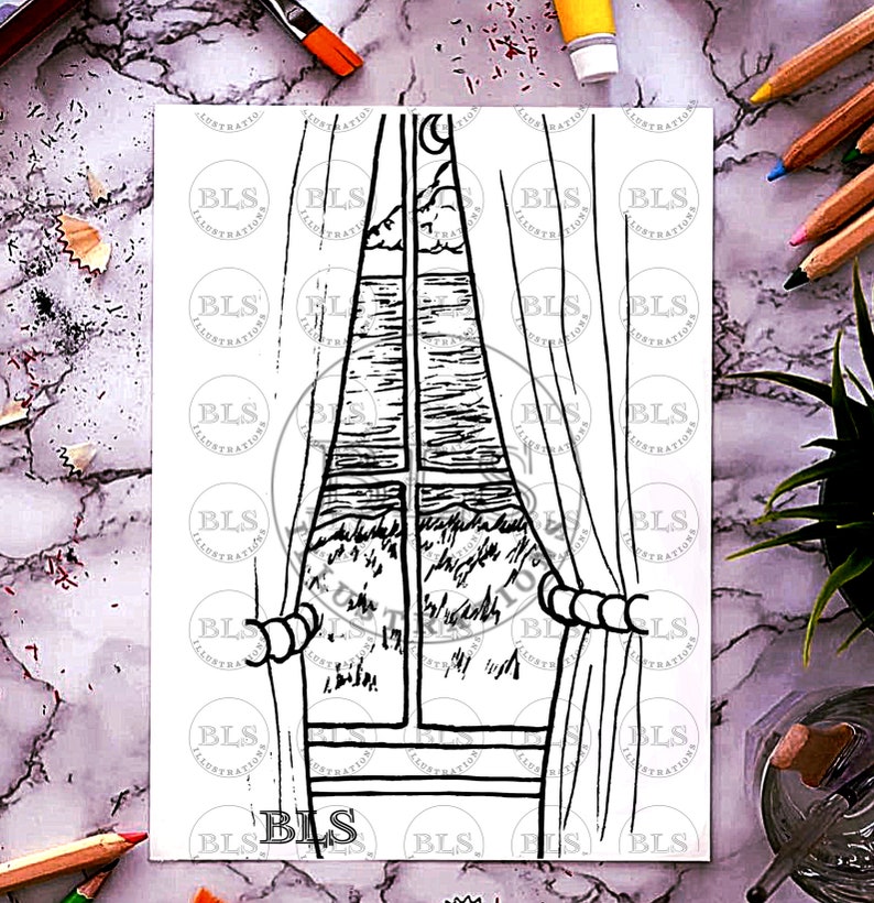 Window View Printable Coloring Page Adult Coloring Sheet Kids Coloring ...