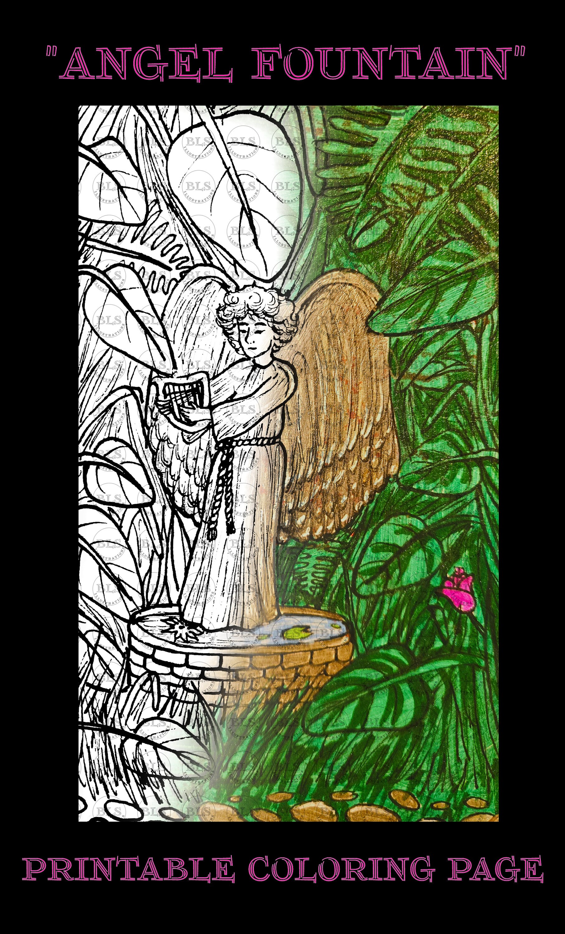 Angel Fountain Printable Coloring Page Original Hand Drawn - Etsy