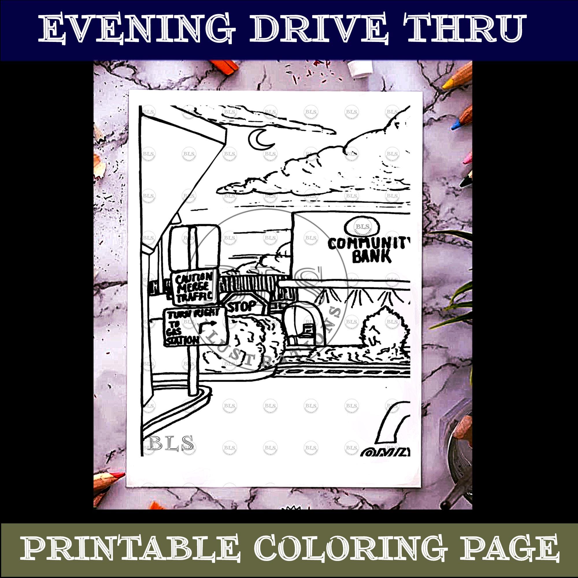 Adult Coloring Page-Evening Drive Thru Printable Coloring-Coloring Page-Line Art-Cartoon Illustration-Hand Drawn Original Artwork