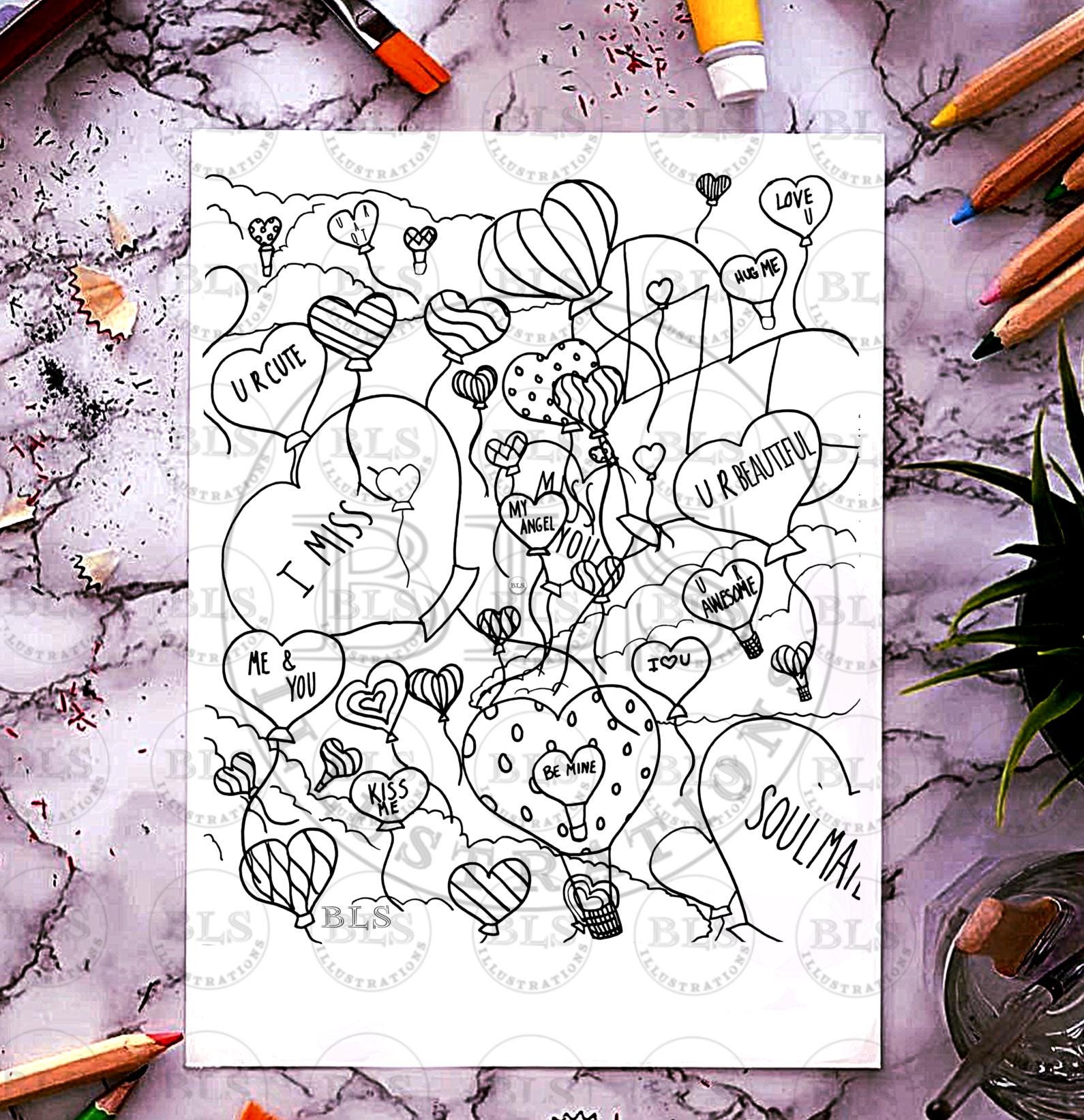 Printable Coloring Page Heart Balloons Digital Download Valentine's Day ...