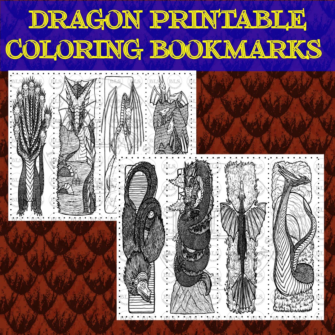 Dragon Bookmarks ZIP Bundle-printable Coloring Bookmarks Bundle-virtual ...