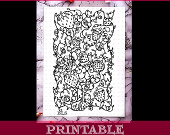 Adult Coloring Page-Strawberry Vines Printable Coloring-Coloring Sheet-Fruit Line Art-Indoor Activity for Kids Original Artwork