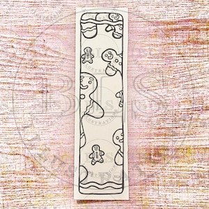 Op de afbeelding: Een rechthoekige bladwijzer met een witte achtergrond en zwarte omtrek illustraties van peperkoekmannen en decoratieve vormen. De tekst "BLS ILLUSTRATIONS" is zichtbaar.
