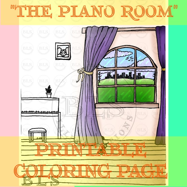 The Piano Room Printable Detailed Coloring Page - Kids/Adults Colouring Sheet - Digital Download - PNG File - Interior Line Illustration