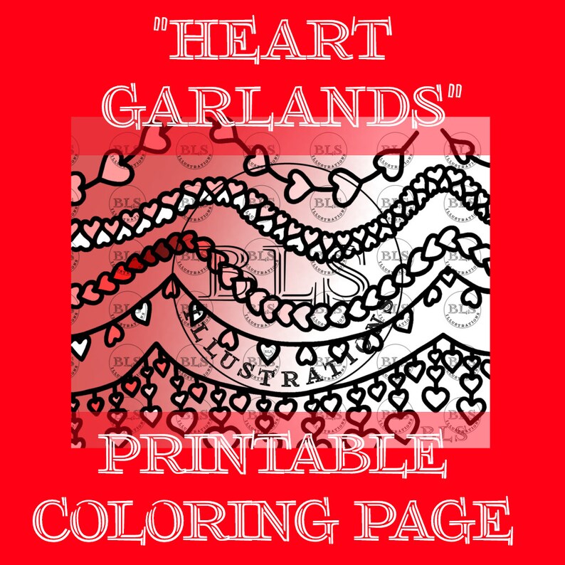 Heart Garlands Printable Coloring Page Digital Download Valentine's Day ...