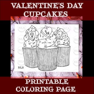 Volwassen kleurplaat-Valentijnsdag Cupcakes Afdrukbare kleurplaat-Line Art-Cartoon afbeelding-handgetekende originele kunstwerken