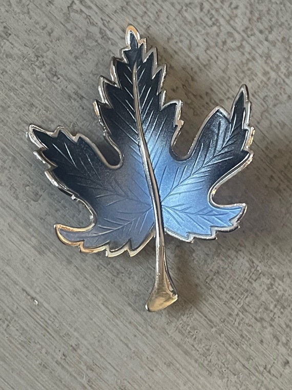 Beautiful Metallic Blue Enamel Maple Leaf Brooch