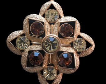Vintage Sarah Coventry Pendant Necklace, Gold, Topaz and Green Rhinestones