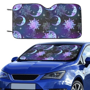 Moon Stars Windshield Sun Shade, Boho Bohemian Galaxy Purple Car Accessories Auto Cover Protector Window Visor Screen Decor 55&quot; x 29.53&quot;