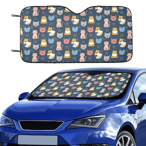Cute Cats Print Windshield Sun Shade, Blue Pet Pattern Car Accessories Auto Cover Protector Window Visor Women Screen Decor 55&quot; x 29.53&quot;