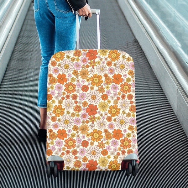 Groovy Flowers Luggage Cover, Retro 70s Funky Floral Cute Aesthetic Print Suitcase Bag Washable Protector Small Large Travel Gift
