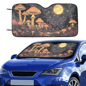Mushrooms Moon Car Sunshade,  Night Sky Space Windshield Cottagecore Accessories Auto Protector Front Window Visor Screen Vehicle Reflector