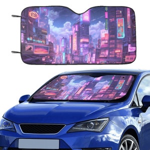 Tokyo Neon Signs Car Sun Shade, Anime Purple Universal Windshield Accessories Auto Protector Window Visor Screen Blocker Decor 55&quot; x 29.53&quot;