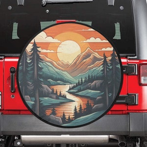 Boho Mountains Spare Tire Wheel Cover, Sunset Pine Trees Travel Custom Back Up Camera Hole Design Backup RV Car Lover Gift Camper Truck