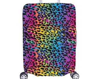 Capa de bagagem de leopardo do arco-íris, protetor de saco de mala de impressão animal lavável carry on envoltório pequeno grande presente de viagem