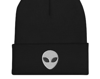 Alien Head Embroidered Cuffed Beanie, Embroidery UFO Party Winter Adult Hat Gift